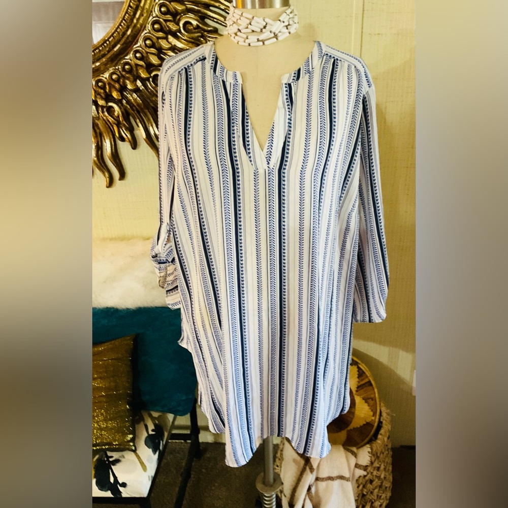Worthington White Tunic with Navy Vertical Stripes